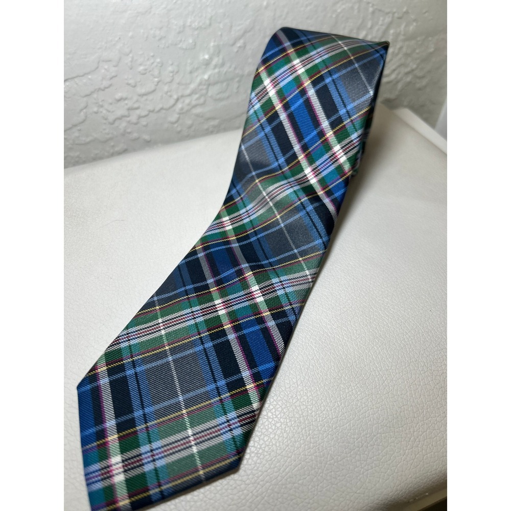 The Tie Bar Silk Necktie Plaid Pattern Business Casual Blue Green 3 inches‎